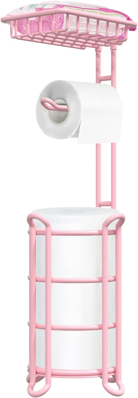 TreeLen Pink Free-Standing Toilet Paper Holder – Floor Standing Roll Dispenser with Storage for 4 Reserve Mega Rolls, Phone, and Wipes