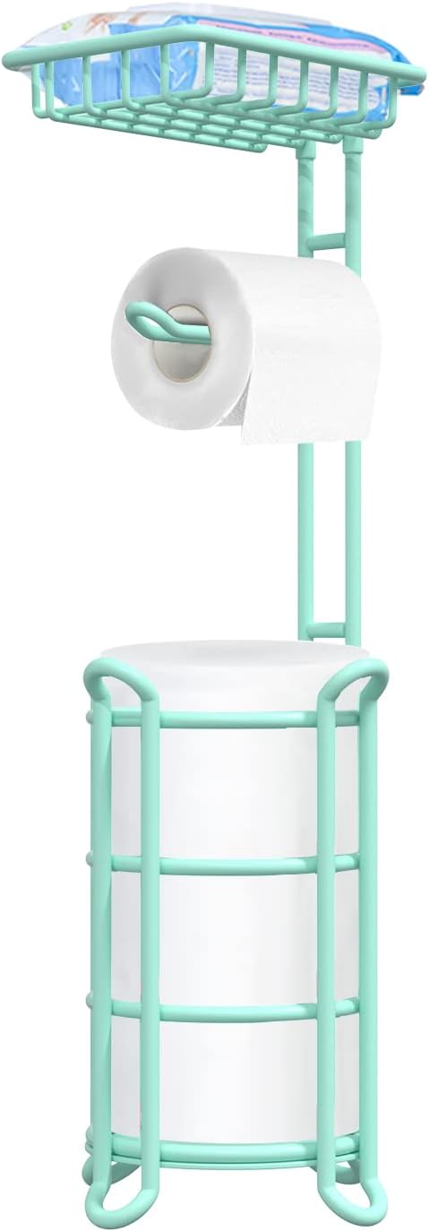 TreeLen Nautical Mint Free-Standing Toilet Paper Holder – Tissue Dispenser with Shelf for Larger Rolls